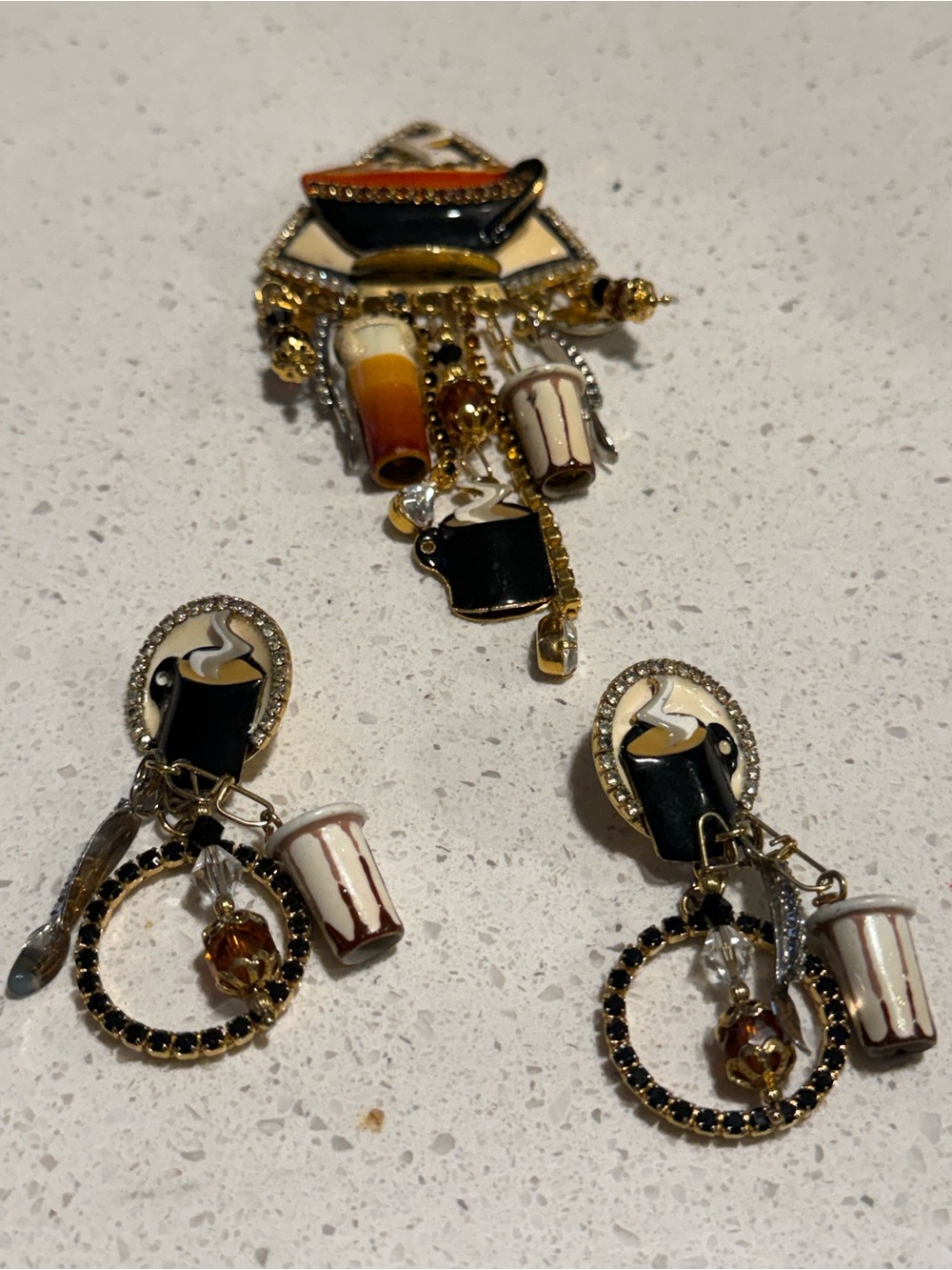 Vintage Coffee lunch at the Ritz brooch/pendant and pierced earrings